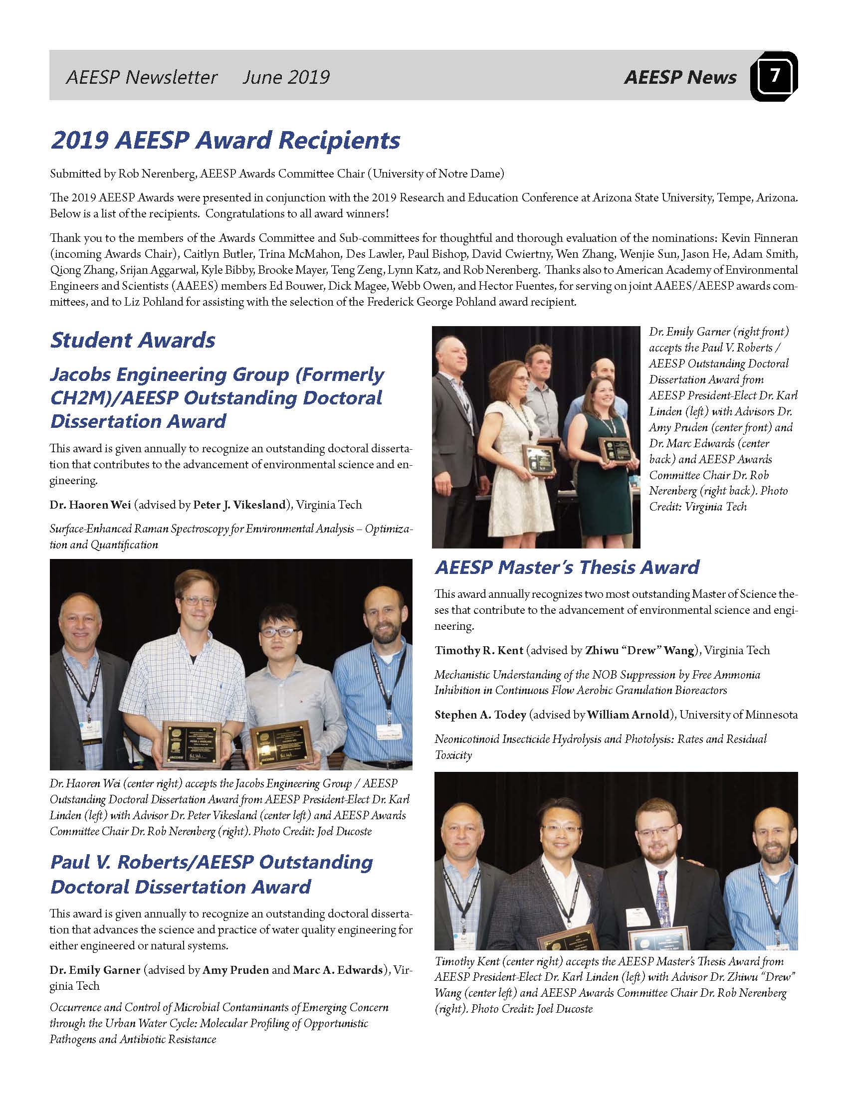 Virginia Tech won three out of the four AEESP best Dissertation/Thesis awards, and we are one of them!