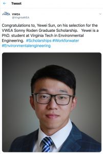 Read more about the article July 19 Yewei Sun won VWEA Sonny Roden Graduate Scholarship