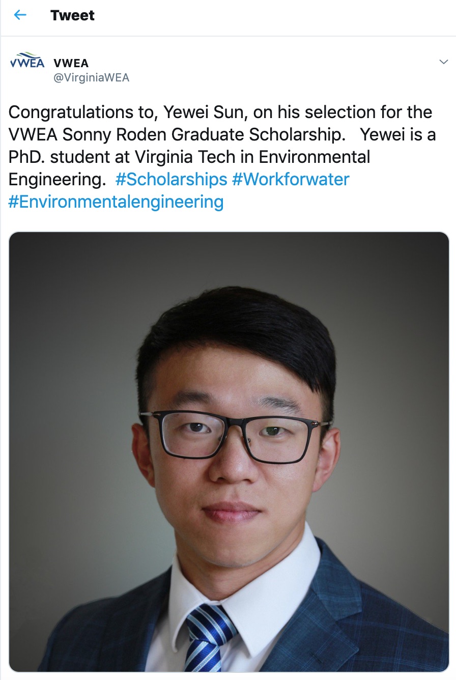 July 19 Yewei Sun won VWEA Sonny Roden Graduate Scholarship