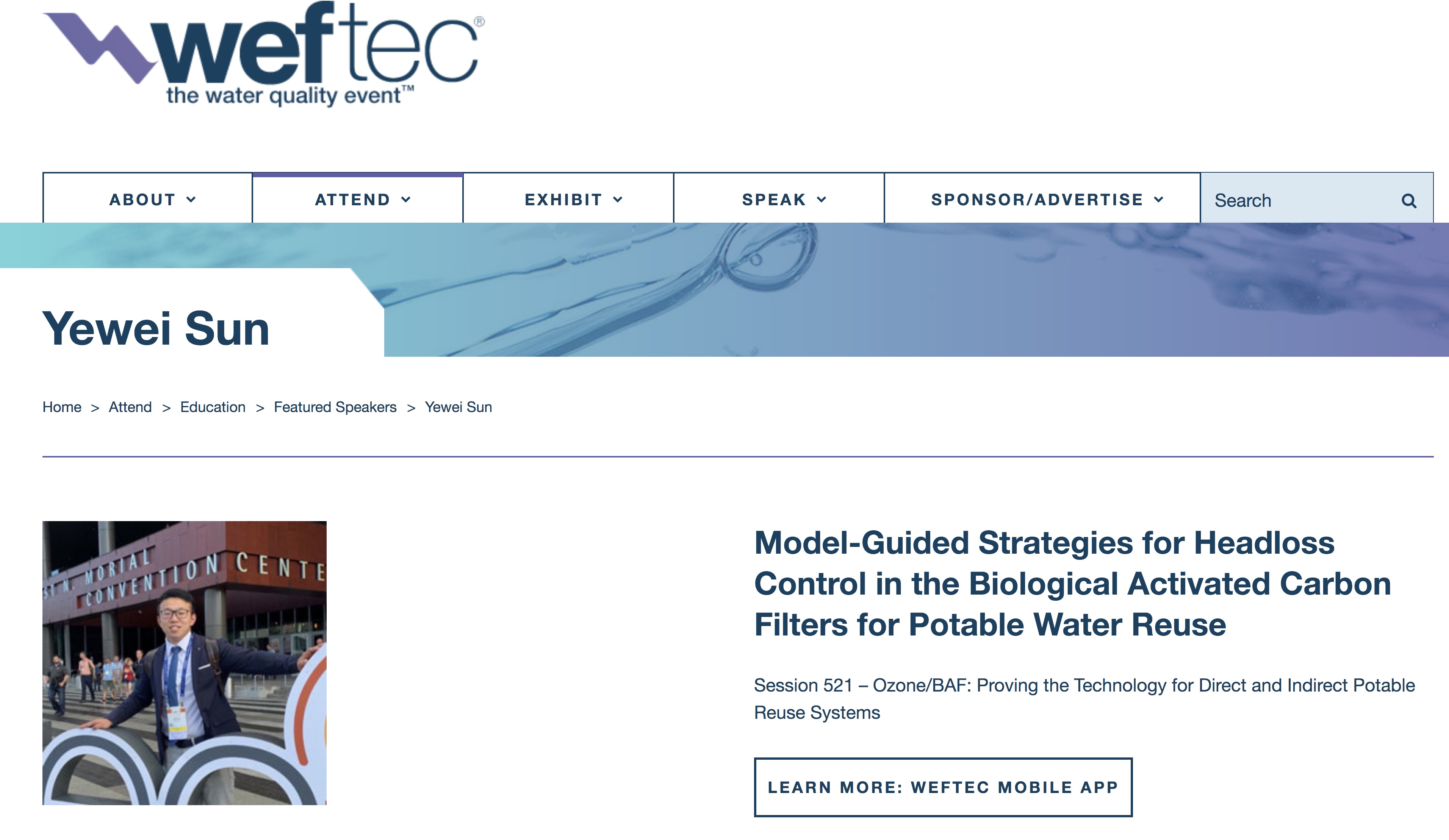 Yewei is selected as a “featured speaker” to present his biofiltration research in WEFTEC 2019.