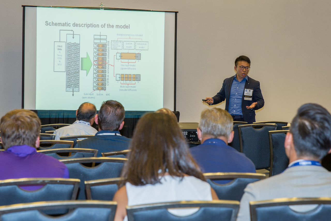 Yewei’s oral presentation about ozonation/biofiltration at 2018 WaterJam conference on September 11, 2018. Yewei was probably one of the few luckiest presenters of the conference because shortly after his presentation the conference was interrupted by a power failure and then evacuated for landing hurricane Florence.